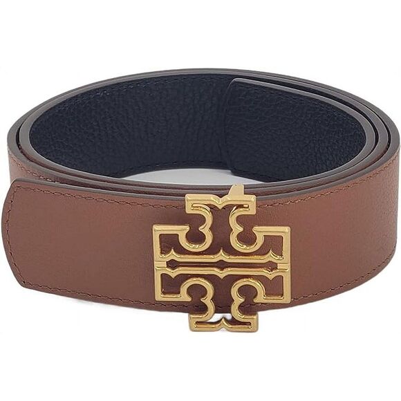 Tory Burch Size M Reversible Black Tan Saffiano Leather Belt Black Logo Buckle - Picture 2 of 14